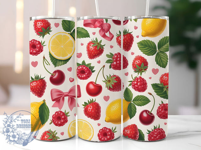 Colorful Summer Fruit Tumbler, Strawberry Theme, Lemon Citrus Wrap, Vibrant Summer Design, Seamless Artistic Motif, Fresh Botanical Print, Playful Fruit Style, Colorful Seasonal Theme, 20Oz Tumbler, Subl Sublimation ToriDesigns 