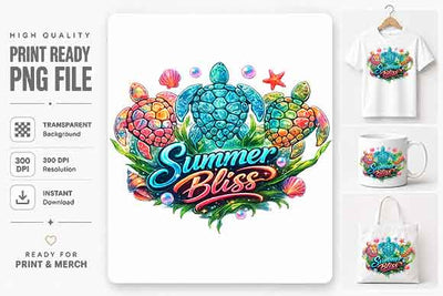 Colorful Summer Sea Turtle Sublimation PNG Digital Download SVG BillahCrafts 