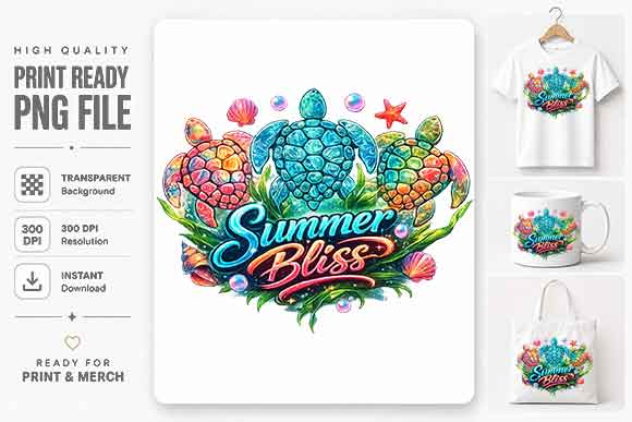 Colorful Summer Sea Turtle Sublimation PNG Digital Download SVG BillahCrafts 