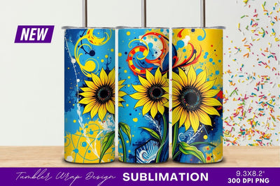 Colorful Sunflower Arrangement On Blue Background Tumbler Png Sublimation Regulrcrative 