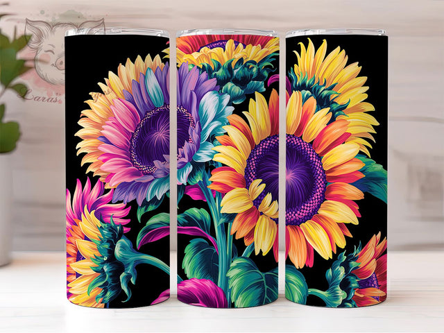 Colorful Sunflower Black Tumbler Wrap, Black Background Wrap, 20oz Sublimation Wrap, Bright Floral Cup, Vibrant Sunflower Design, Rustic Flower Tumbler, Boho Sunflower Art Sublimation Lara' s Designs 