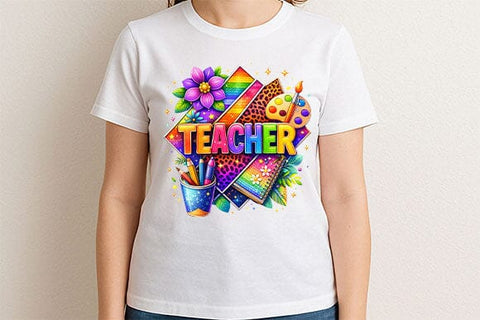 Colorful Teacher PNG Rainbow Leopard Print Sublimation Design SVG BillahCrafts 