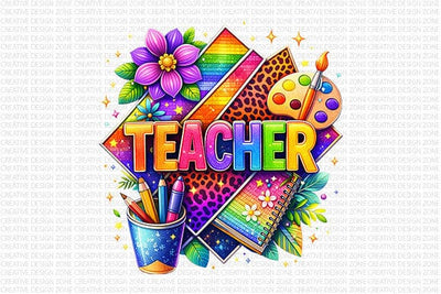Colorful Teacher PNG Rainbow Leopard Print Sublimation Design SVG BillahCrafts 