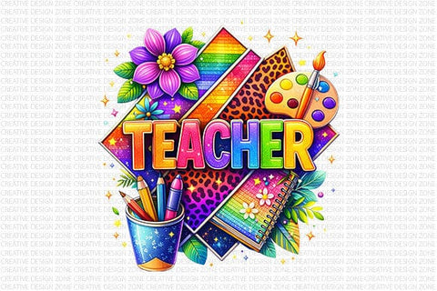 Colorful Teacher PNG Rainbow Leopard Print Sublimation Design SVG BillahCrafts 