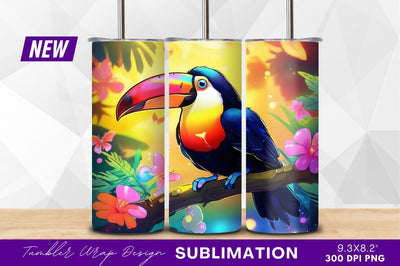 Colorful toucan on branch with butterflies tumbler png Sublimation Regulrcrative 