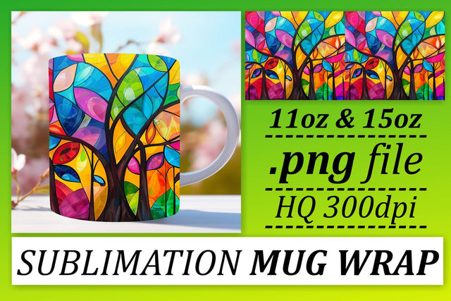 Colorful Tree 11oz/15oz Stained Glass Mug Wrap Sublimation Sublimation afrosvg 