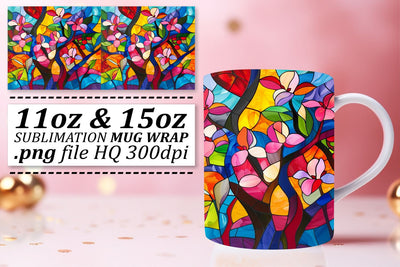 Colorful Tree Mug Wrap 11oz/15oz Stained Glass Sublimation Sublimation afrosvg 