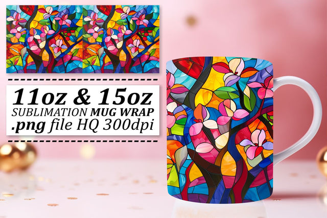 Colorful Tree Mug Wrap 11oz/15oz Stained Glass Sublimation Sublimation afrosvg 