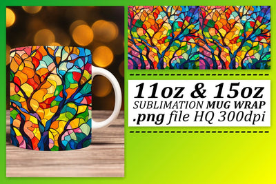 Colorful Tree Mug Wrap Sublimation 11oz/15oz Stained Glass Sublimation afrosvg 