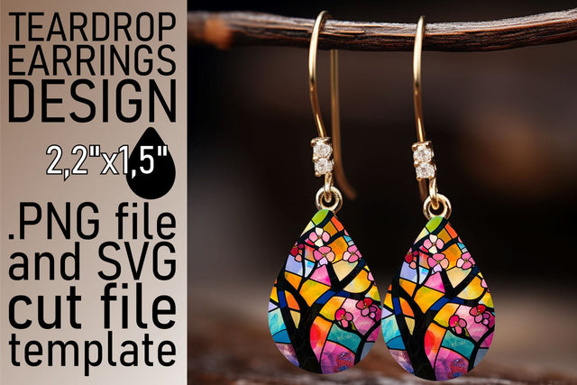Colorful Tree Teardrop Earrings Stained Glass Design Sublimation afrosvg 