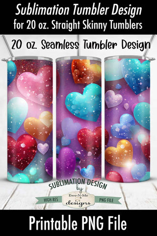 Colorful Valentine Hearts 3D 20 oz Seamless Tumbler Wrap Design Sublimation Ewe-N-Me Designs 