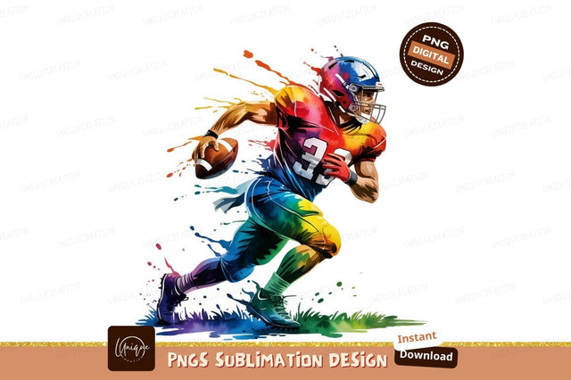Colorful Watercolor American Football Player Running Action Sublimation Designangry 
