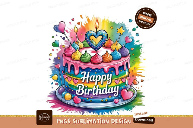 Colorful Watercolor Birthday Cake Illustration Sublimation Designangry 