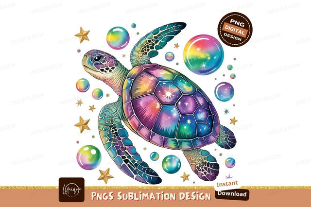 Colorful Watercolor Sea Turtle With Bubbles Sublimation Designangry 