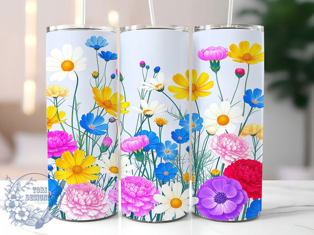 Colorful Wildflower Marble Tumbler, Colorful Floral Pattern, Blue Marble Texture, 20Oz Sublimation Wrap, Artistic Bloom Art, Vibrant Nature Design, Tumbler Sublimation Sublimation ToriDesigns 