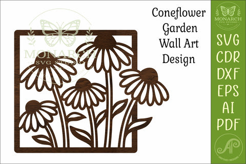 Coneflower Garden Wall Art Laser Cut SVG Floral Square Botanical Home Decor Design Template SVG APInspireddesigns 