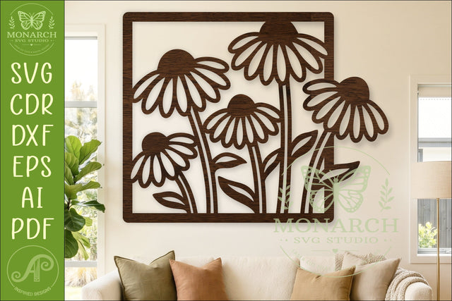 Coneflower Garden Wall Art Laser Cut SVG Floral Square Botanical Home Decor Design Template SVG APInspireddesigns 
