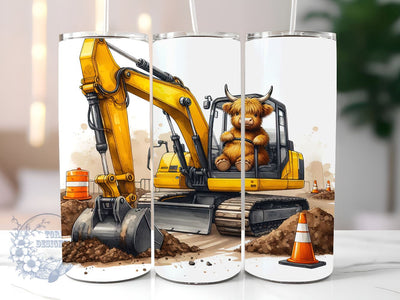 Construction Excavator Highland Cow 20oz Skinny Tumbler, Highland Cow Tumbler Png, Straight & Tapered Tumbler Wrap, Instant Digital Download Sublimation ToriDesigns 