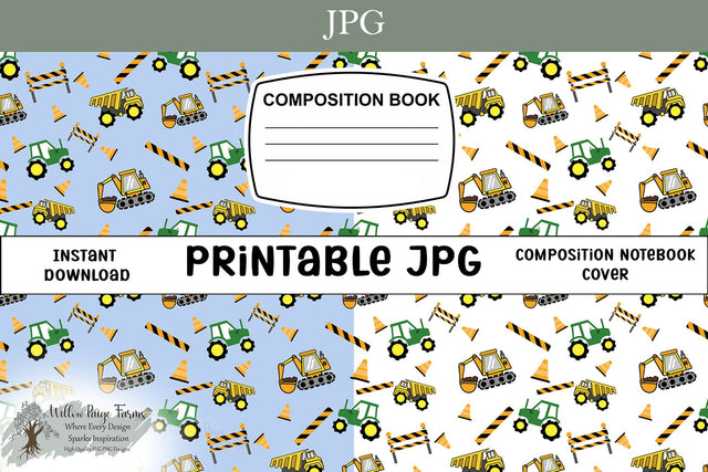 Construction Trucks Notebook Cover Printable Set – Blue & White Backgrounds – Front and Back Designs – 6.9" x 10" JPG for 7.5" x 9.75" Composition Notebook – 300 DPI Sublimation Willow Paige Farms 