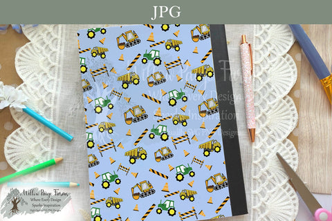 Construction Trucks Notebook Cover Printable Set – Blue & White Backgrounds – Front and Back Designs – 6.9" x 10" JPG for 7.5" x 9.75" Composition Notebook – 300 DPI Sublimation Willow Paige Farms 