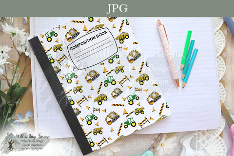 Construction Trucks Notebook Cover Printable Set – Blue & White Backgrounds – Front and Back Designs – 6.9" x 10" JPG for 7.5" x 9.75" Composition Notebook – 300 DPI Sublimation Willow Paige Farms 