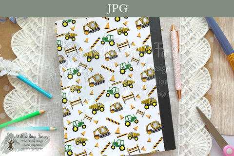 Construction Trucks Notebook Cover Printable Set – Blue & White Backgrounds – Front and Back Designs – 6.9" x 10" JPG for 7.5" x 9.75" Composition Notebook – 300 DPI Sublimation Willow Paige Farms 