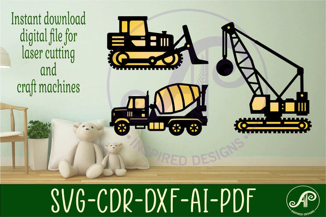Construction vehicles two layer laser cut SVG files SVG APInspireddesigns 
