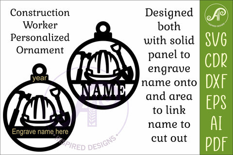 Construction Worker Christmas Ornament Laser Cut SVG APInspireddesigns 