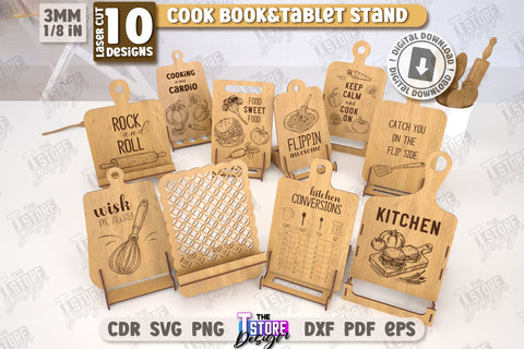 Cook Book Stand Laser Cut Bundle | Tablet Stand | Laser Engraved | Kitchen Utensils | CNC Files SVG The T Store Design 