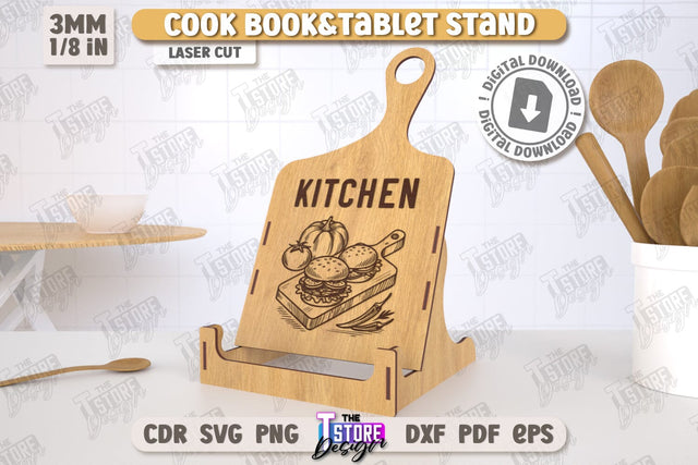 Cook Book Stand Laser Cut | Tablet Stand | Laser Engraved | Kitchen Utensils | CNC File SVG The T Store Design 