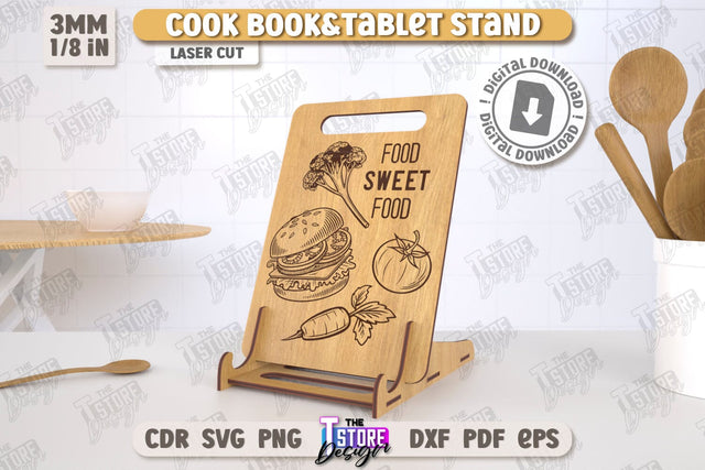 Cook Book Stand Laser Cut | Tablet Stand | Laser Engraved | Kitchen Utensils | CNC File SVG The T Store Design 