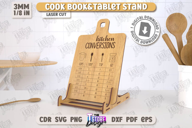 Cook Book Stand Laser Cut | Tablet Stand | Laser Engraved | Kitchen Utensils | CNC File SVG The T Store Design 