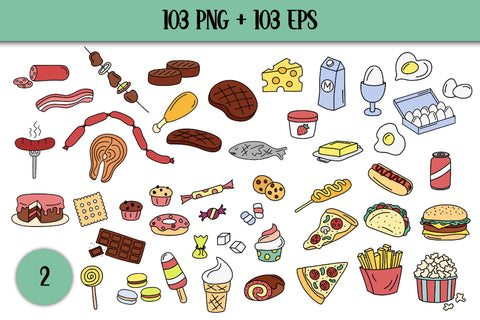 Cooking Food Clipart PNG | Meal Clip Art Bundle | Fruits, Vegetables, Fast Food, Bakery, Grocery, Dairy, Sweets / Candy Cute Doodles EPS Sublimation AnnaViolet_store 