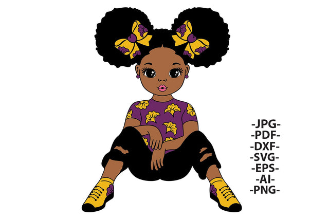 Cool Black Girl SVG with Afro Puffs and Yellow Purple Outfit PNG DXF PDF EPS JPG AI Sitting Pose Clipart for Cricut Crafts and T-Shirt Designs SVG 1uniqueminute 