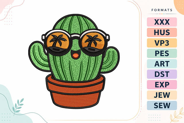 Cool Cactus with Sunglasses Cute Summer Tropical Machine Embroidery Design Embroidery/Applique DESIGNS sg embroidery 