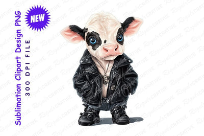 Cool cartoon calf in leather jacket clipart png Sublimation Regulrcrative 