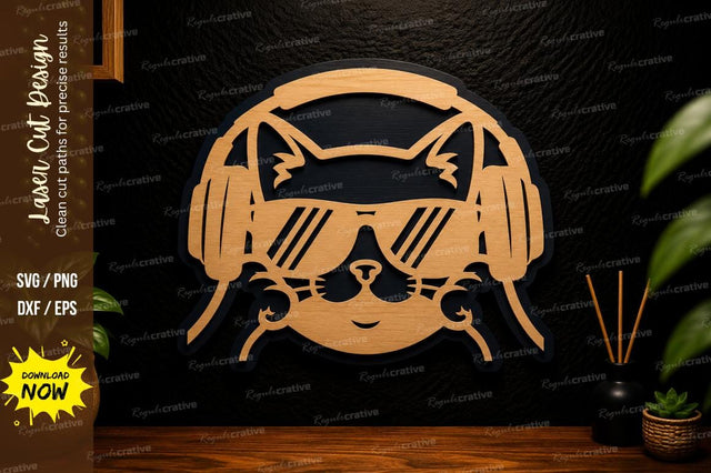 Cool Cat Headphones Laser Cut SVG Design SVG Regulrcrative 