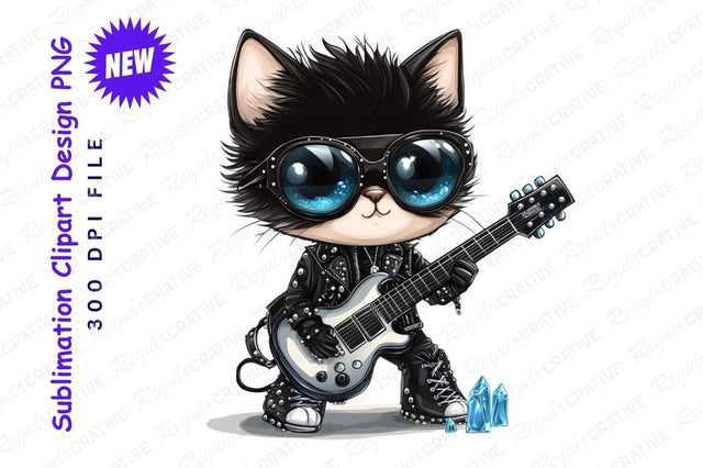 Cool Cat Rocker Plays Electric Guitar Cartoon Sublimation Regulrcrative 