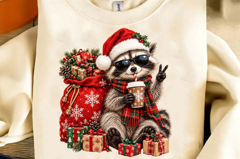 Cool Christmas Raccoon Coffee PNG Sublimation SVGista 
