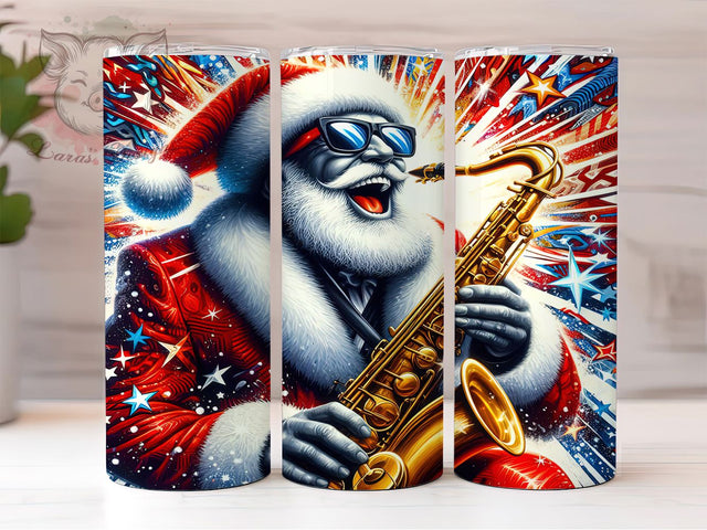 Cool Jazz Santa Christmas Tumbler, Musical Christmas Wrap, Cool Holiday Sublimation, Saxophone Santa Cup, 20Oz Skinny Tumbler Wrap, Festive Jazz Mug, Swingin’ Santa Design Sublimation Lara' s Designs 