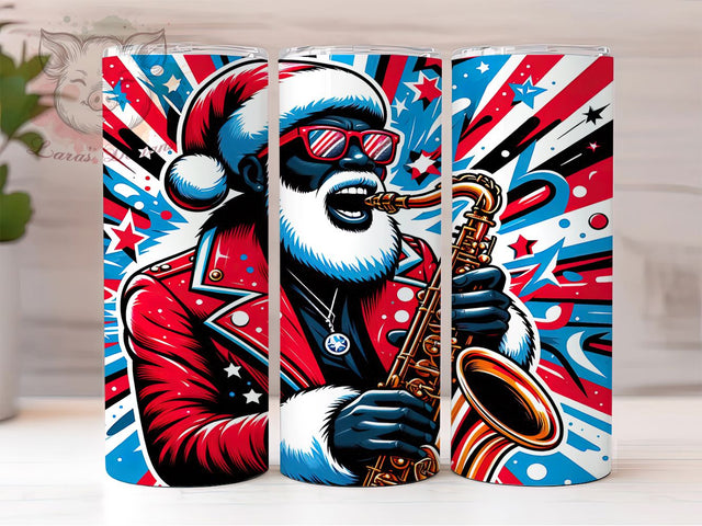 Cool Jazz Santa Christmas Tumbler, Musical Christmas Wrap, Cool Holiday Sublimation, Saxophone Santa Cup, 20Oz Skinny Tumbler Wrap, Festive Jazz Mug, Swingin’ Santa Design Sublimation Lara' s Designs 