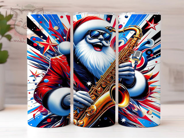 Cool Jazz Santa Christmas Tumbler, Musical Christmas Wrap, Cool Holiday Sublimation, Saxophone Santa Cup, 20Oz Skinny Tumbler Wrap, Festive Jazz Mug, Swingin’ Santa Design Sublimation Lara' s Designs 