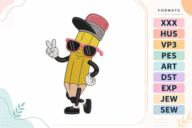 Cool Pencil Embroidery Design - Funny Back to School Pencil Character Embroidery/Applique DESIGNS sg embroidery 