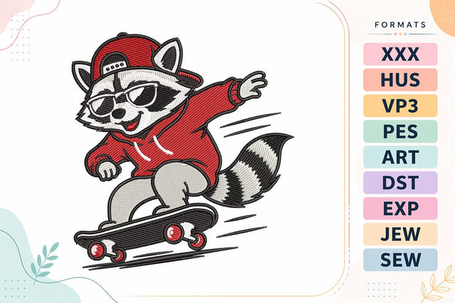 Cool Raccoon Skateboard Animals Embroidery Design Embroidery/Applique DESIGNS sg embroidery 