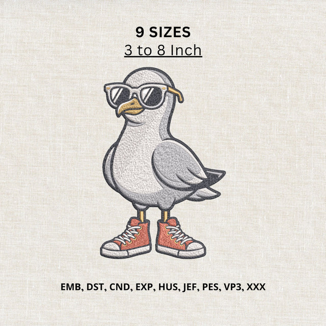 Cool Seagull with Sunglasses Machine Embroidery Design – Funny Beach Bird Embroidery File Embroidery/Applique DESIGNS PatternFeed8 