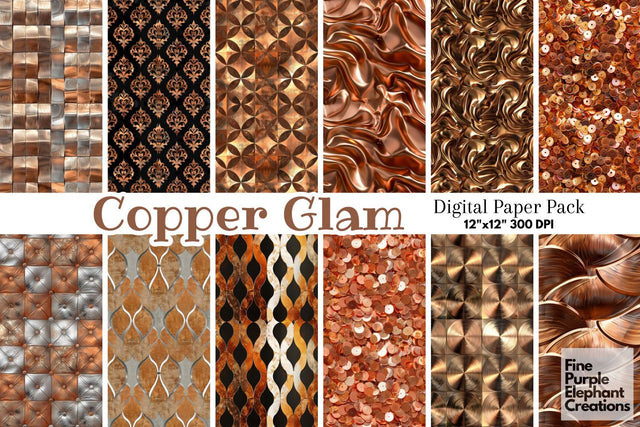 Copper Glam Digital Paper | Luxury Glitter Art Deco Digital Pattern Fine Purple Elephant Creations 