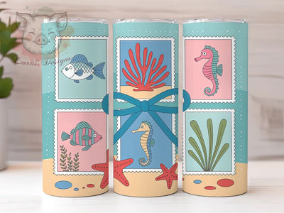Coquette Beach Stamp 20oz Tumbler, Vintage Postage Stamp Art, Beach Theme Illustration, Sublimation Tumbler Wrap, 20oz Tumbler, Coastal Summer Gift, Retro Ocean Style Sublimation Lara' s Designs 