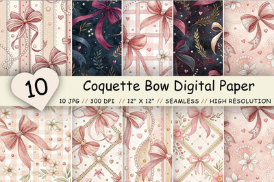 Coquette Bow Digital Paper Pack, Seamless Ribbon Pattern Bundle, Printable Scrapbook Paper, Pink Feminine Lace Design Collection Digital Pattern FloridPrintables 
