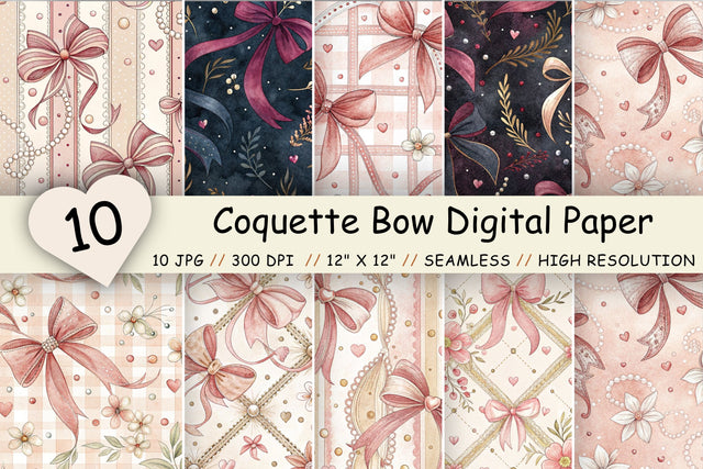Coquette Bow Digital Paper Pack, Seamless Ribbon Pattern Bundle, Printable Scrapbook Paper, Pink Feminine Lace Design Collection Digital Pattern FloridPrintables 