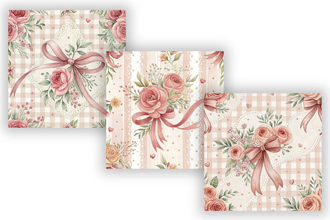 Coquette Bow Floral Digital Paper, Seamless Watercolor Pattern Bundle, Printable Scrapbook Paper, Pink Rose Feminine Design Collection Digital Pattern FloridPrintables 